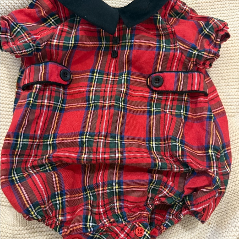 Edgehill Collection Red Plaid Baby Romper with Navy Collar